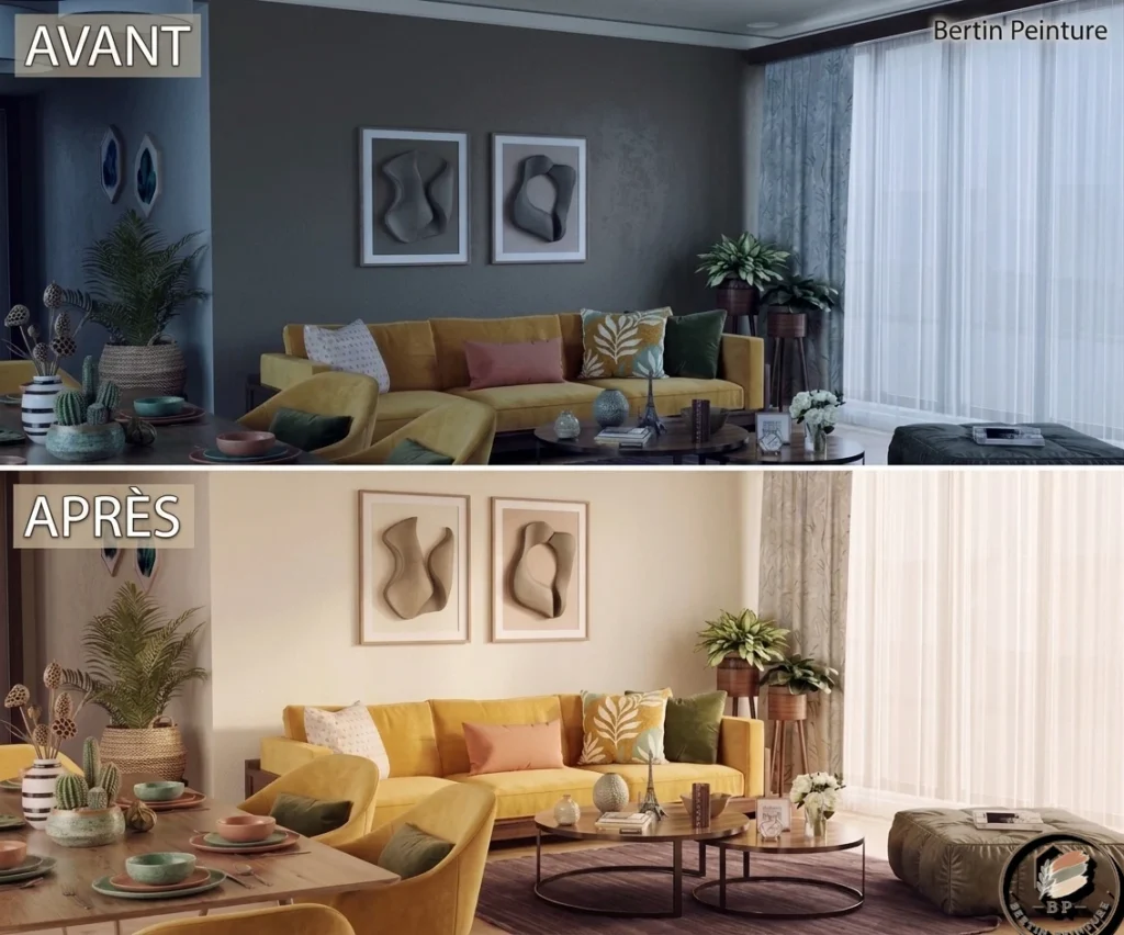 salon sombre orienté nord peint en beige clair chaud avant après