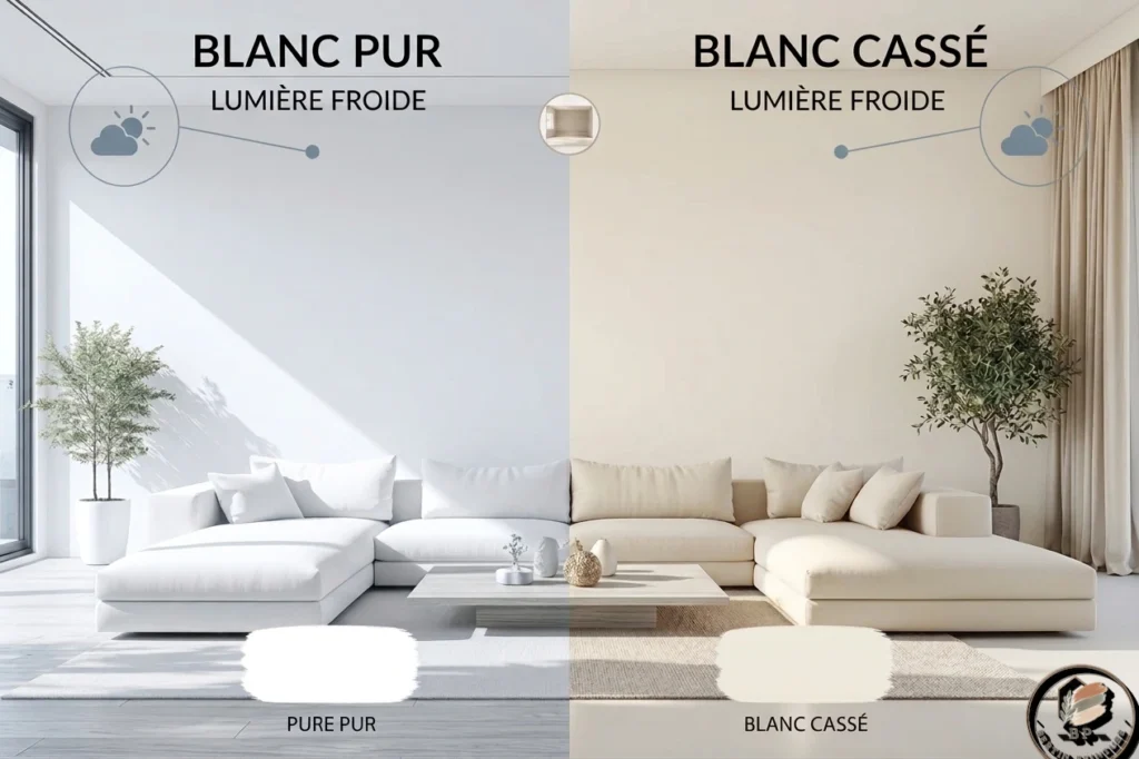 différence blanc pur et blanc cassé chaud dans pièce sombre