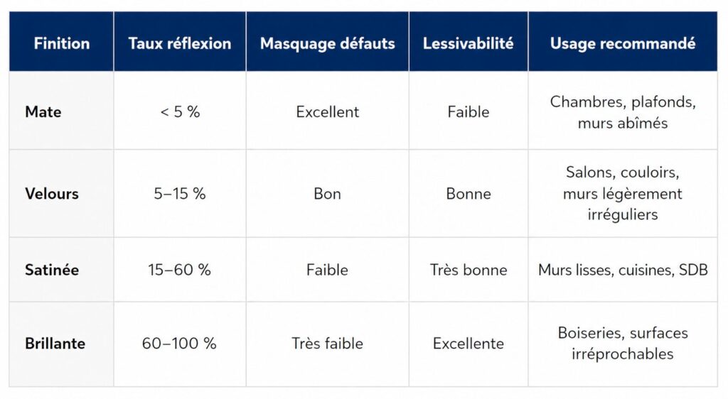 Tableau comparatif : finitions et masquage des défauts mate velours satinée brillante 