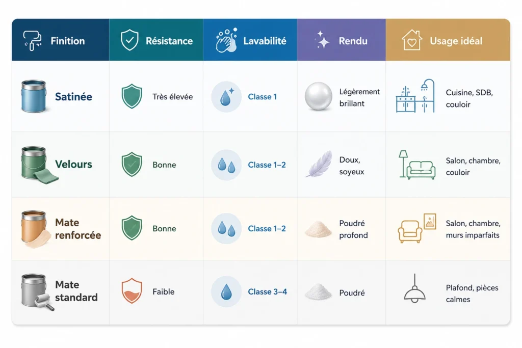 Tableau comparatif finitions satiné velours mate résistance au nettoyage