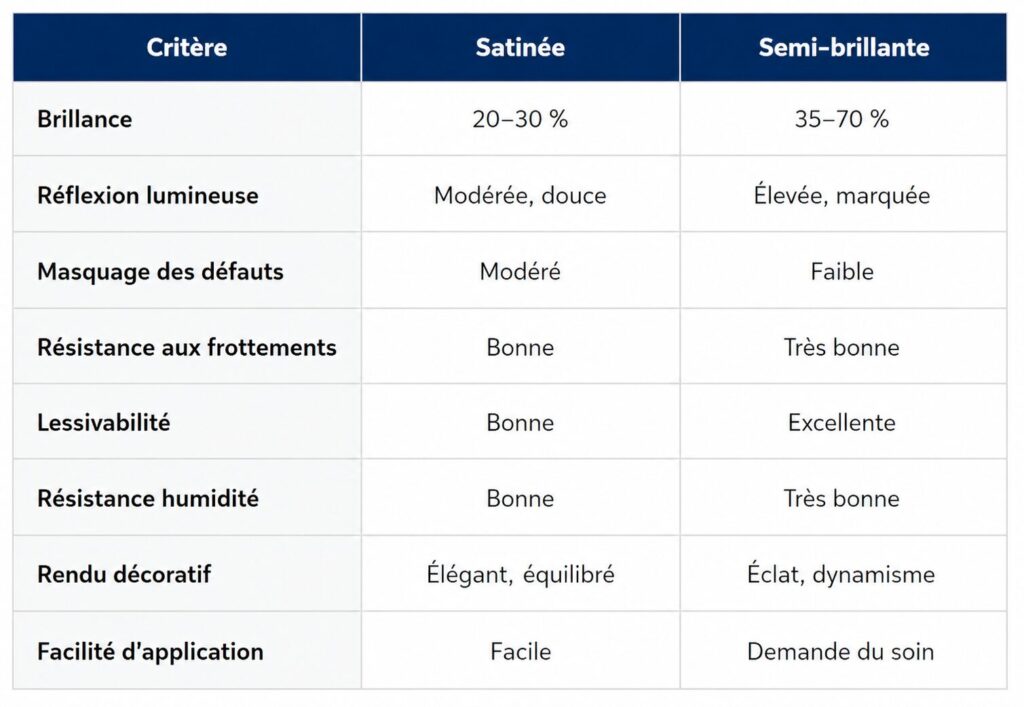 Tableau synthétique : satinée vs semi-brillante